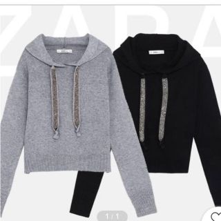 ザラ(ZARA)のZARA  ビジュー付パーカー ブラック(パーカー)