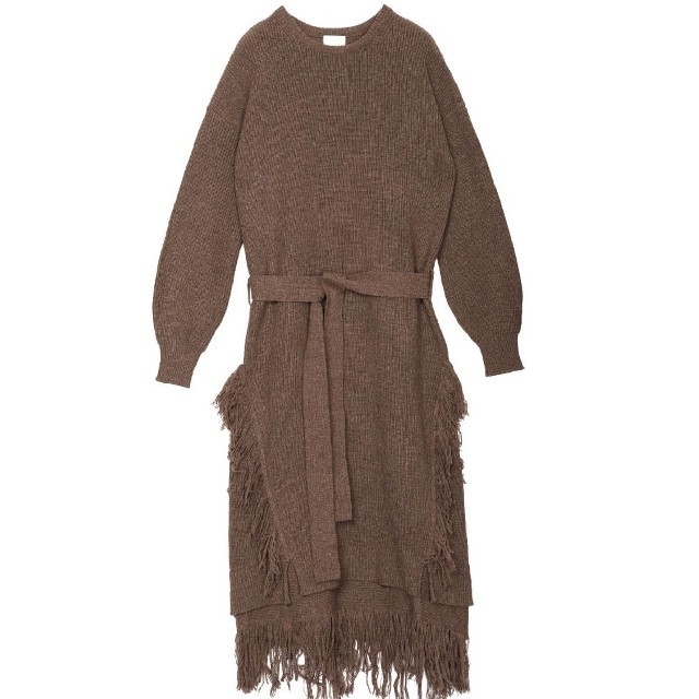 Ameri VINTAGE(アメリヴィンテージ)のアメリヴィンテージ OVER FRINGE KNIT DRESSブラウン！ レディースのワンピース(ロングワンピース/マキシワンピース)の商品写真