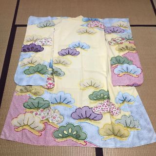 アンティーク 振袖 黄色 クリーム色 松 桐の花 金糸刺繍 鹿の子 正絹 成人式(振袖)