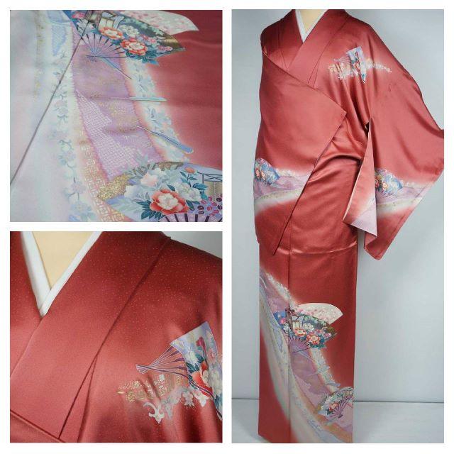 美品 友禅 綸子 訪問着 牡丹 扇 正絹 金銀箔 金彩 浅緋色 116 美品 友禅 綸子 訪問着 牡丹 扇 正絹 金銀箔 金彩 浅緋色 116