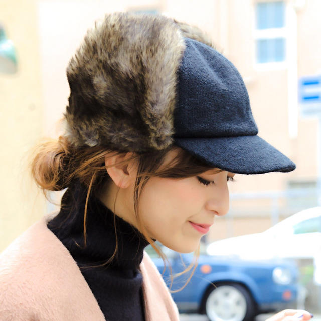 フェイクファー耳付きCAP 14+オリジナル フライトキャップ☆イチヨンプラス レディースの帽子(キャップ)の商品写真