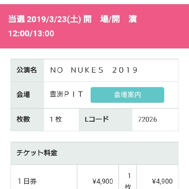 NO NUKES 2019 3/23  ﾁｹｯﾄ 1枚