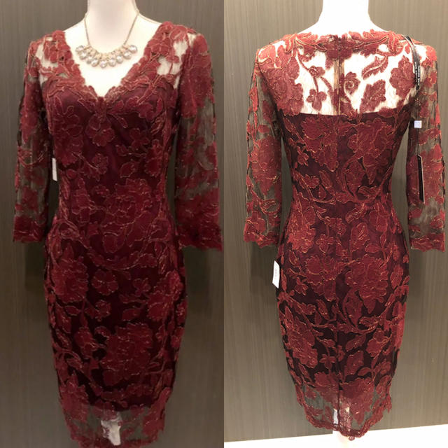 新品 Tadashi shoji 総レース ワンピース ボルドー