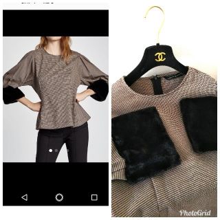 ザラ(ZARA)のほぼ未使用ザラZARA袖ファー付きチェック柄ペプラム トップスVERYstory(カットソー(長袖/七分))