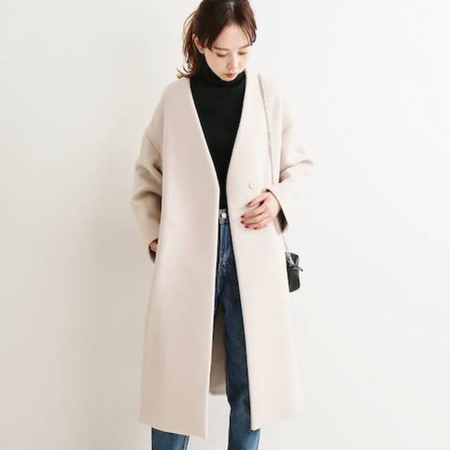 IENA ダブルビーバーVネックノーカラーコート 新作人気モデル www