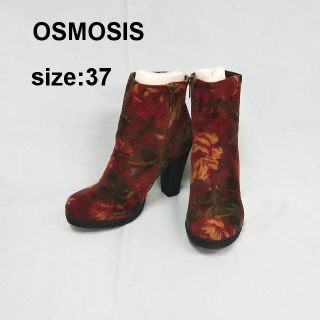 オズモーシス(OSMOSIS)のオズモーシス 赤３７ ゴブラン織り ファスナー付き花柄ショートブーツ　新品(ブーツ)