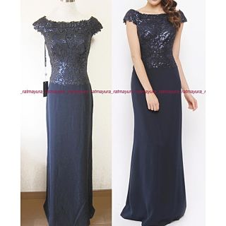 タダシショウジ(TADASHI SHOJI)のTADASHI SHOJIスパンコール刺繍クレープスカートロングドレスNAVY2(ロングドレス)