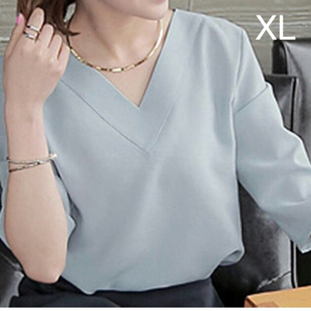 ブラウス カットソー Vネック プルオーバー 7分袖 裾スリット グレー XL レディースのトップス(カットソー(長袖/七分))の商品写真