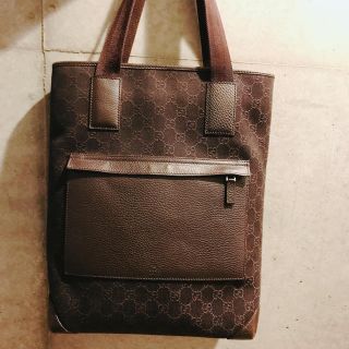 グッチ(Gucci)のSALE値下げGUCCI トートバッグ 美品ブラウンレザーコットン男女兼用 茶色(トートバッグ)