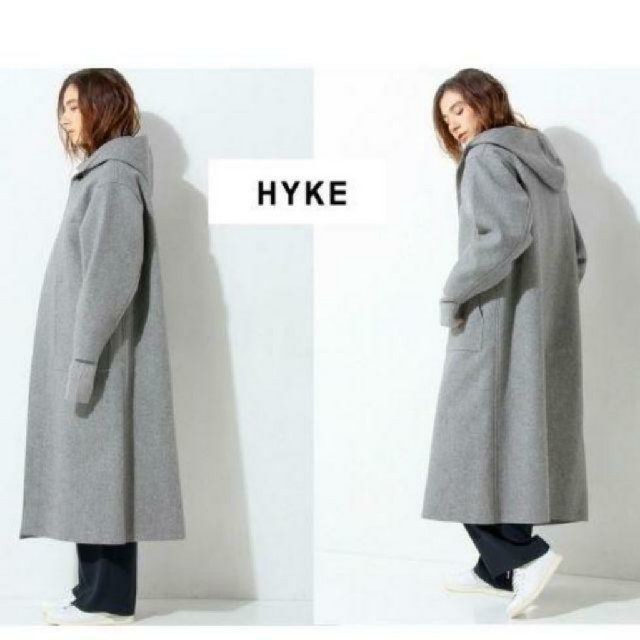 HYKE(ハイク)のhike ハイク 黒メルトン ロングフードコート レディースのジャケット/アウター(ロングコート)の商品写真