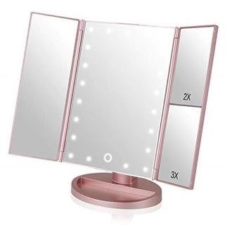 LED化粧鏡　三面鏡　【ローズゴールド】 卓上メイクミラー 鏡 化粧鏡(毛布)