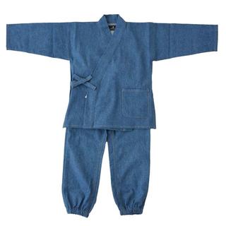 デニムの作務衣キッズ（子供用・男女兼用）110cm（ブルー×カラーステッチ）(甚平/浴衣)