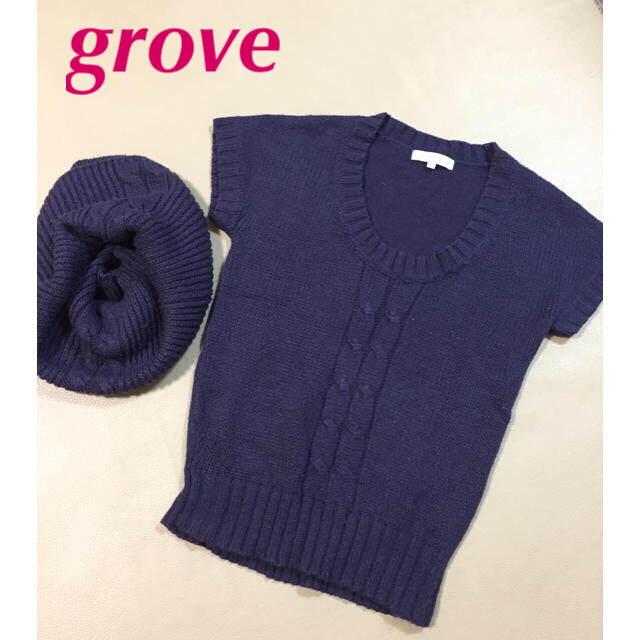 grove(グローブ)の【美品】grove グローブ スヌード付ニット 半袖ニット ネイビー レディースのトップス(ニット/セーター)の商品写真