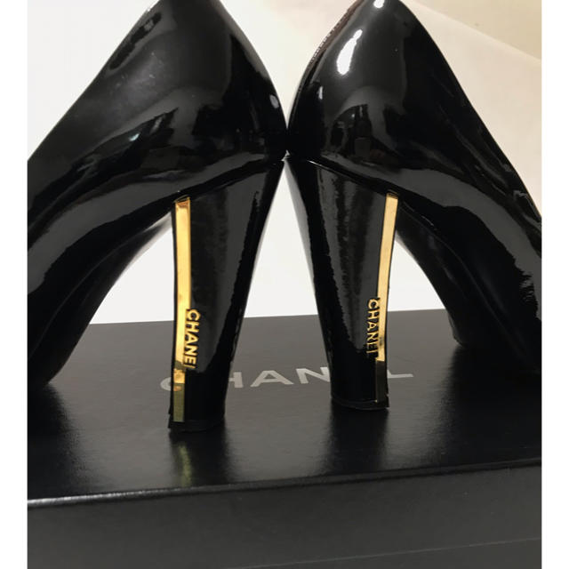 超美品☆CHANEL レア物 ロゴヒールパンプス エナメル ブラック