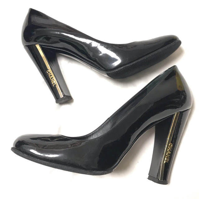 超美品☆CHANEL レア物 ロゴヒールパンプス エナメル ブラック