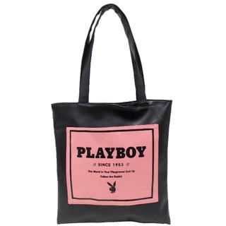 プレイボーイ(PLAYBOY)のPLAYBOY プレイボーイ トートバッグ 合皮ロゴ A4★ブラック/ピンク新品(トートバッグ)
