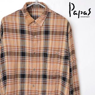 KS3822 パパス PAPAS 長袖シャツ M 肩幅49 格子柄 リネン (シャツ)