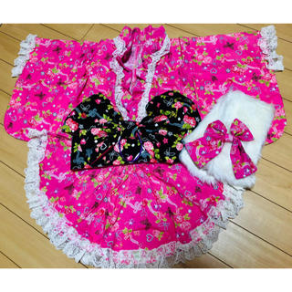 薔薇柄 フリフリ レース100cm 浴衣ドレス セット ピンク ハンドメイド(甚平/浴衣)
