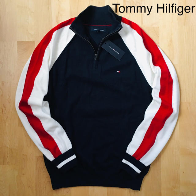 レア★Tommy Hilfiger US限定販売両袖ライン入りハーフジップニット