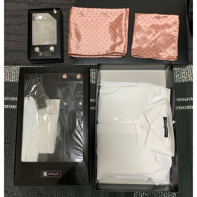 結婚式 新郎 フォーマル セット シャツ M チーフ サスペンダー