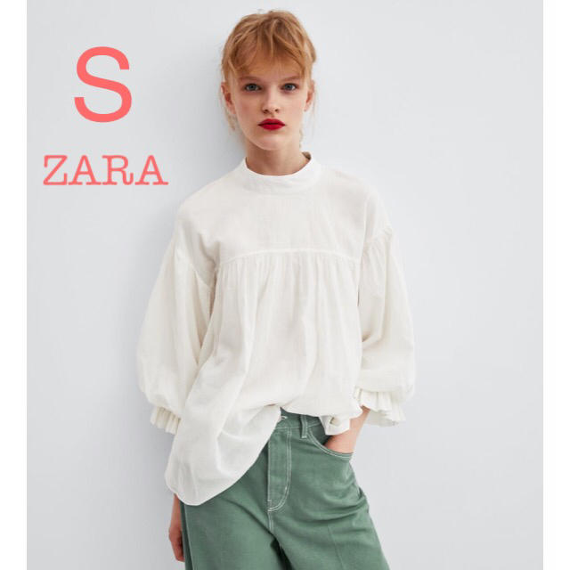 ZARA(ザラ)の新品未使用 ZARA ボリュームスリーブ フリル ブラウス 白 S レディースのトップス(シャツ/ブラウス(長袖/七分))の商品写真