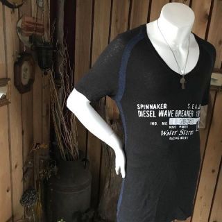 ディーゼル(DIESEL)のDIESELディーゼル*リネン麻混半袖VネックＴシャツ*メンズL*黒ブラック(Tシャツ/カットソー(半袖/袖なし))