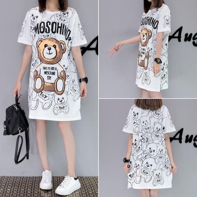 MOSCHINO(モスキーノ)のくまプリント Tシャツ ワンピース ロンT モスキーノ風 ホワイト レディースのトップス(Tシャツ(半袖/袖なし))の商品写真