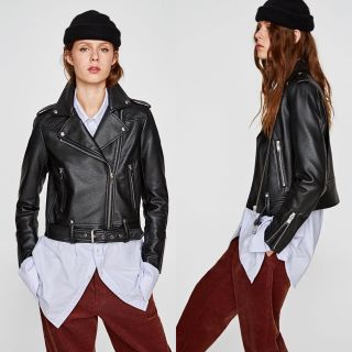 ザラ(ZARA)のZARA BASIC ライダース ジャケット ザラ Lサイズ黒ブラック レザー(ライダースジャケット)