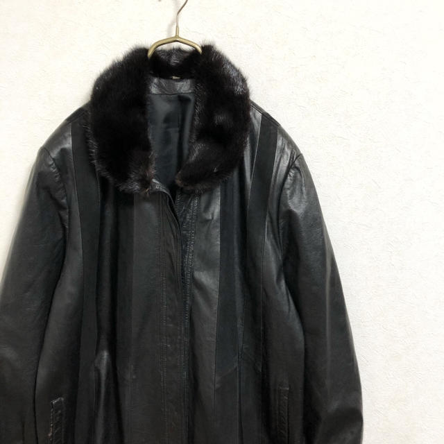 【80s】レザージャケット コート レディース L ファー付 ブラック