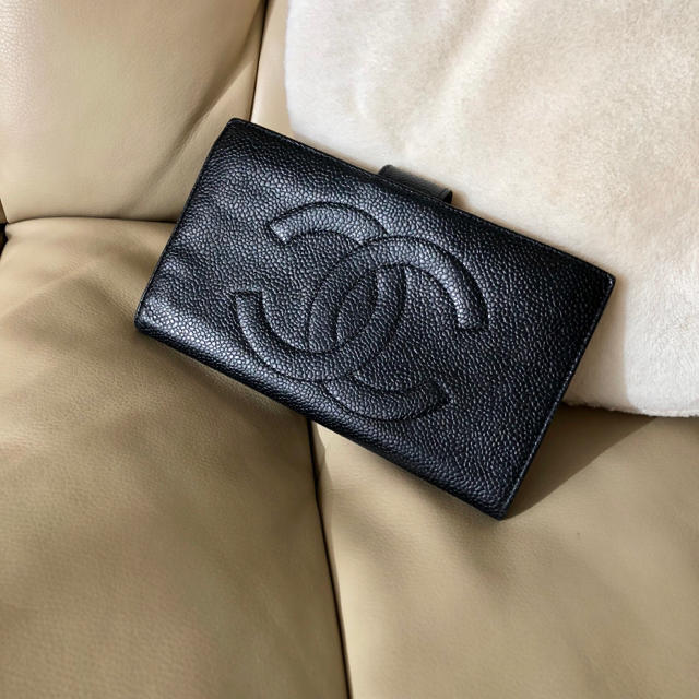 CHANEL シャネル♡キャビアスキン ココマーク がま口 ２つ折り長財布♡黒