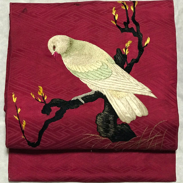 通販 刺繍 鳩 O12 濃ピンク 名古屋帯 正絹 アンティーク帯 帯 通販 刺繍 鳩 O12 濃ピンク 名古屋帯 正絹 アンティーク帯 帯