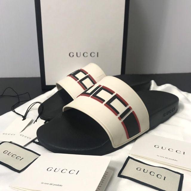 安い購入 Gucci 27 スライドサンダル ラバー ロゴ ストライプ 18SS 【H】正規◆グッチ - サンダル
