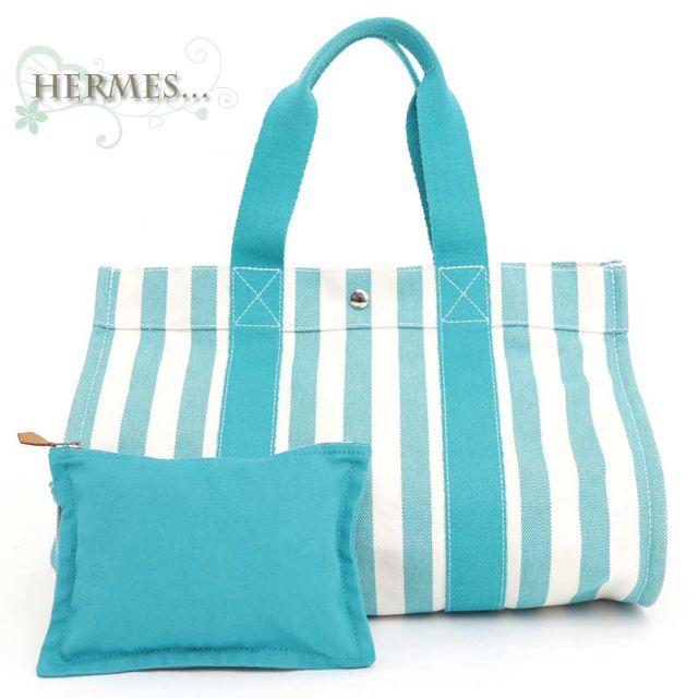 新品♬エルメス♡カンヌGMトートバッグポーチ付◆デニム水色ボーダーHERMES