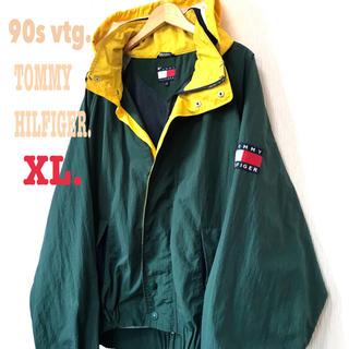 トミーヒルフィガー(TOMMY HILFIGER)の襟ロゴ ☆ 90s トミーヒルフィガー セーリングジャケット 緑 XL(ナイロンジャケット)