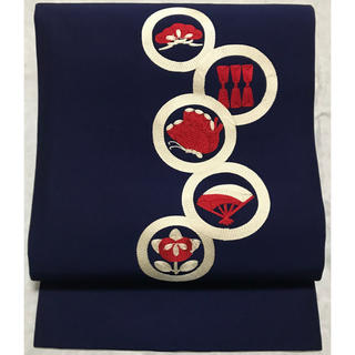 O6 丸紋 紺 刺繍 正絹 名古屋帯(帯)