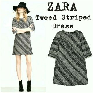 ザラ(ZARA)の美品★ZARA★ザラ★ツィードワンピース★カットスリーブ★ストライプ★グレー★M(ミニワンピース)