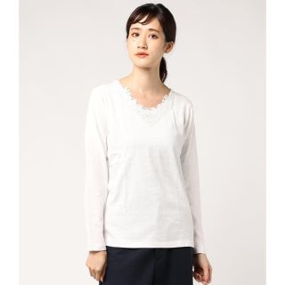 イッカ(ikka)のネックレースロングTシャツ 白(Tシャツ/カットソー(七分/長袖))