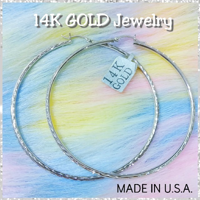 新品★14K ホワイトGOLD ビッグ フープピアス(両耳)★U.S.A.