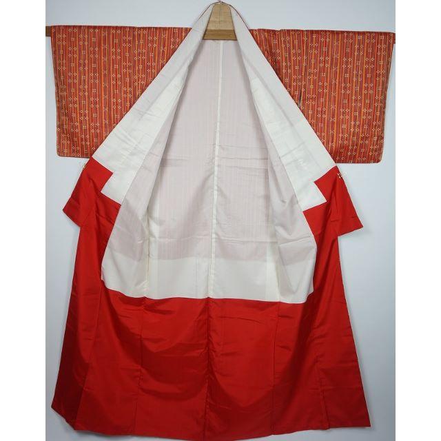 美品 手織り節紬 絣 縦縞 赤 オレンジ 131 キモノリワ レディースの水着/浴衣(着物)の商品写真