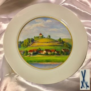 マイセン(MEISSEN)のマイセン ボタン剣 手描き 風景画 飾り 皿 約27㎝ プレート 1級品 骨董(陶芸)