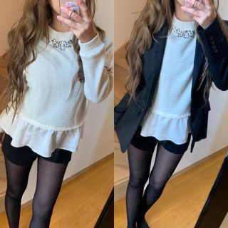 アズールバイマウジー(AZUL by moussy)のアズール♡ビジューハイネックペプラムトップス(カットソー(長袖/七分))