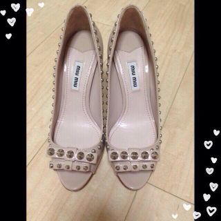 美品 miumiu ミュール ピンク7.5cmヒール キラキラビジュー付 靴 ...