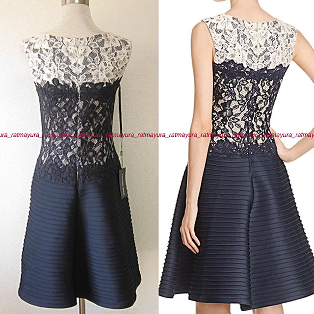 TADASHI SHOJI(タダシショウジ)のTADASHI SHOJI花模様レース*フレアドレスワンピース*ラテNAVY8 レディースのワンピース(ひざ丈ワンピース)の商品写真