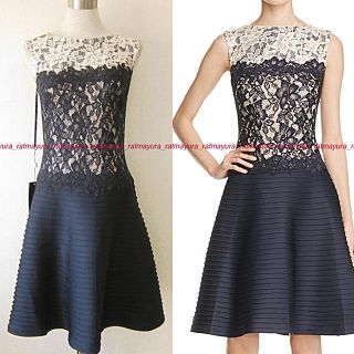 タダシショウジ(TADASHI SHOJI)のTADASHI SHOJI花模様レース*フレアドレスワンピース*ラテNAVY8(ひざ丈ワンピース)