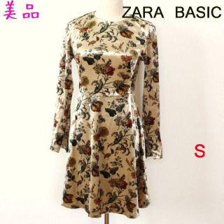 ザラ(ZARA)の美品★ZARA BASICブラウンベージュフラワーベロアワンピースSザラ(ミニワンピース)