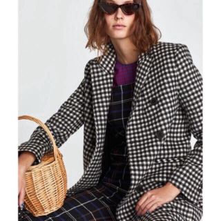 ザラ(ZARA)の完売品 ザラ ギンガムチェック ダブルブレスト コート 白 黒 ワンピ ブーツ(チェスターコート)