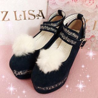 リズリサ(LIZ LISA)の☆リズリサLIZLISA☆ファーポンポン付き☆音符刺繍入りウェッジソールパンプス(ハイヒール/パンプス)