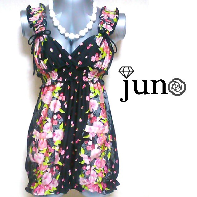 GLAMOROUS JANE(グラマラスジェーン)のグラマラスジェーン 和柄 花柄 フリル バルーン キャミ ワンピース 黒 ピンク レディースのワンピース(ミニワンピース)の商品写真