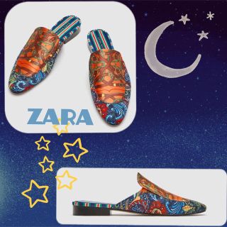 ザラ(ZARA)のsale!新品タグ付☆ZARAザラ☆スカーフ柄ミュールローファー37(ハイヒール/パンプス)