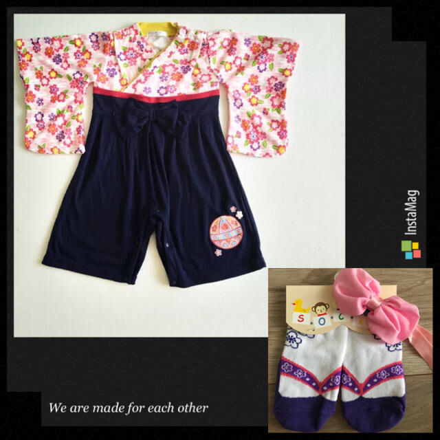 70cm♡袴ロンパース紺&紫足袋ピンクリボンと80cmドレスピンク